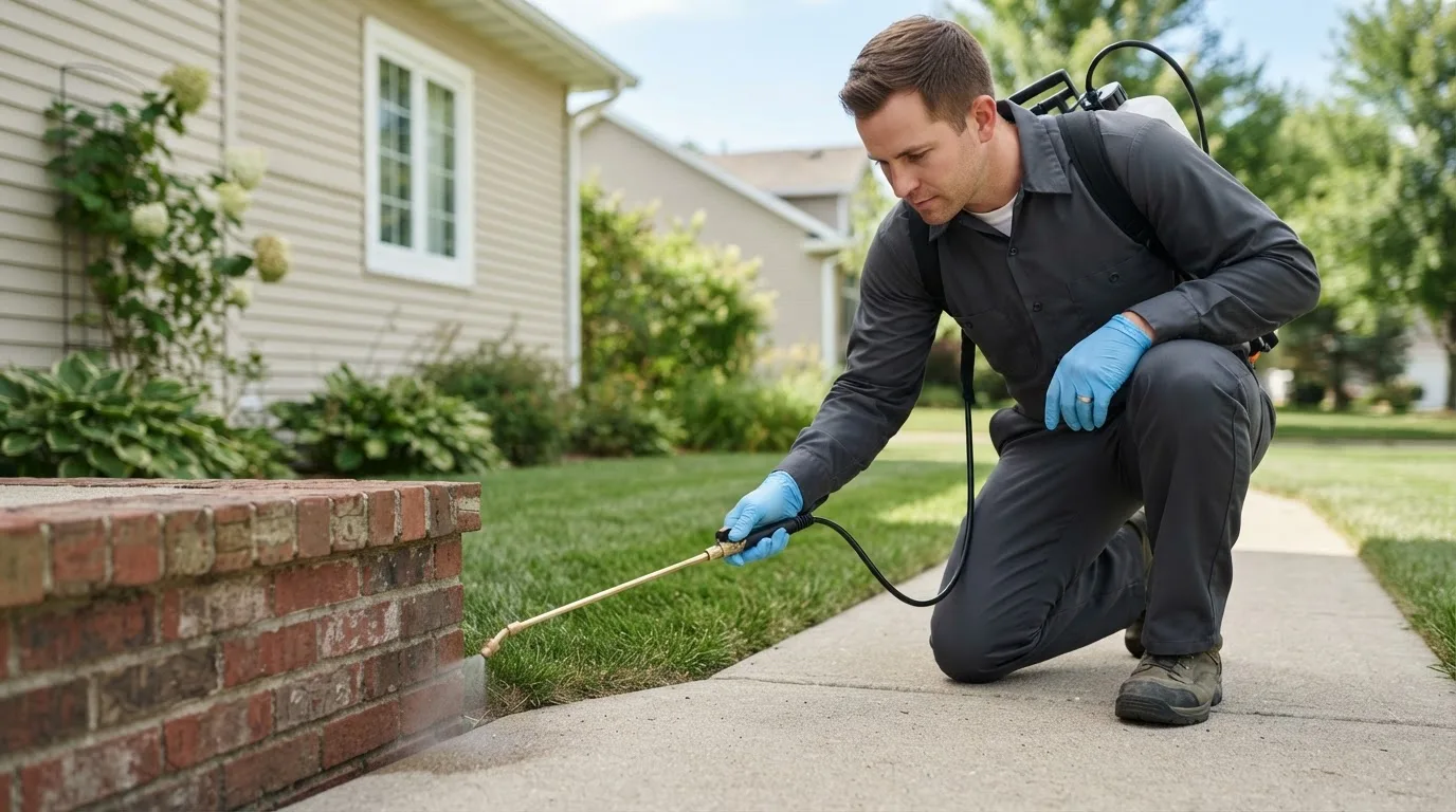 Pest control technician treating a home near Grethel, KY